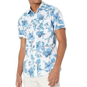 Amazon Essentials Men's Slim-Fit Short-Sleeve Blue Floral Print Shirt Cotton Med